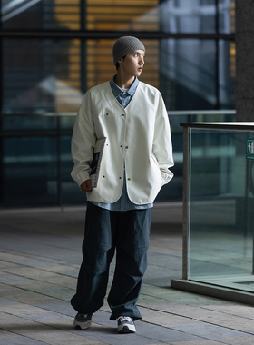 NOEARS米色无领夹克男防水户外休闲工装外套薄款春秋双排扣上衣潮