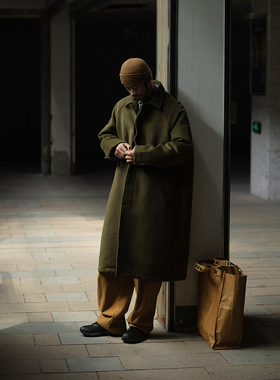 NOEARS日系复古绿色巴尔马肯毛呢大衣男长款翻领外套过膝秋冬痞帅