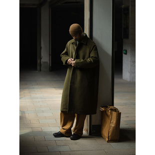 NOEARS日系复古绿色巴尔马肯毛呢大衣男长款 翻领外套过膝秋冬痞帅