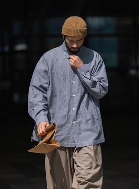 NOEARS春夏宽松藏青条纹长袖衬衣日系复古通勤痞帅休闲衬衫男潮