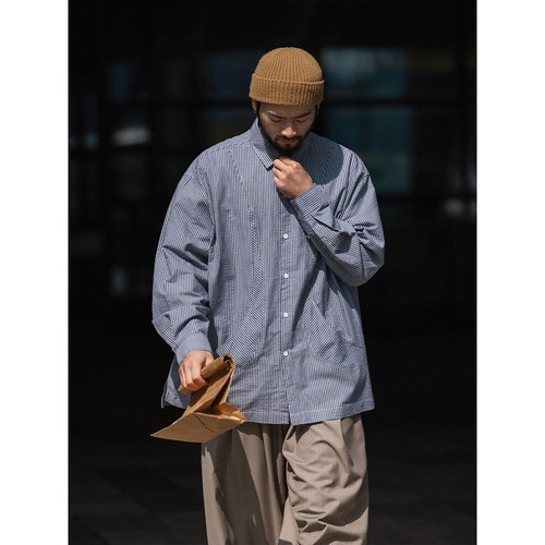 NOEARS春夏宽松藏青条纹长袖衬衣日系复古通勤痞帅休闲衬衫男潮