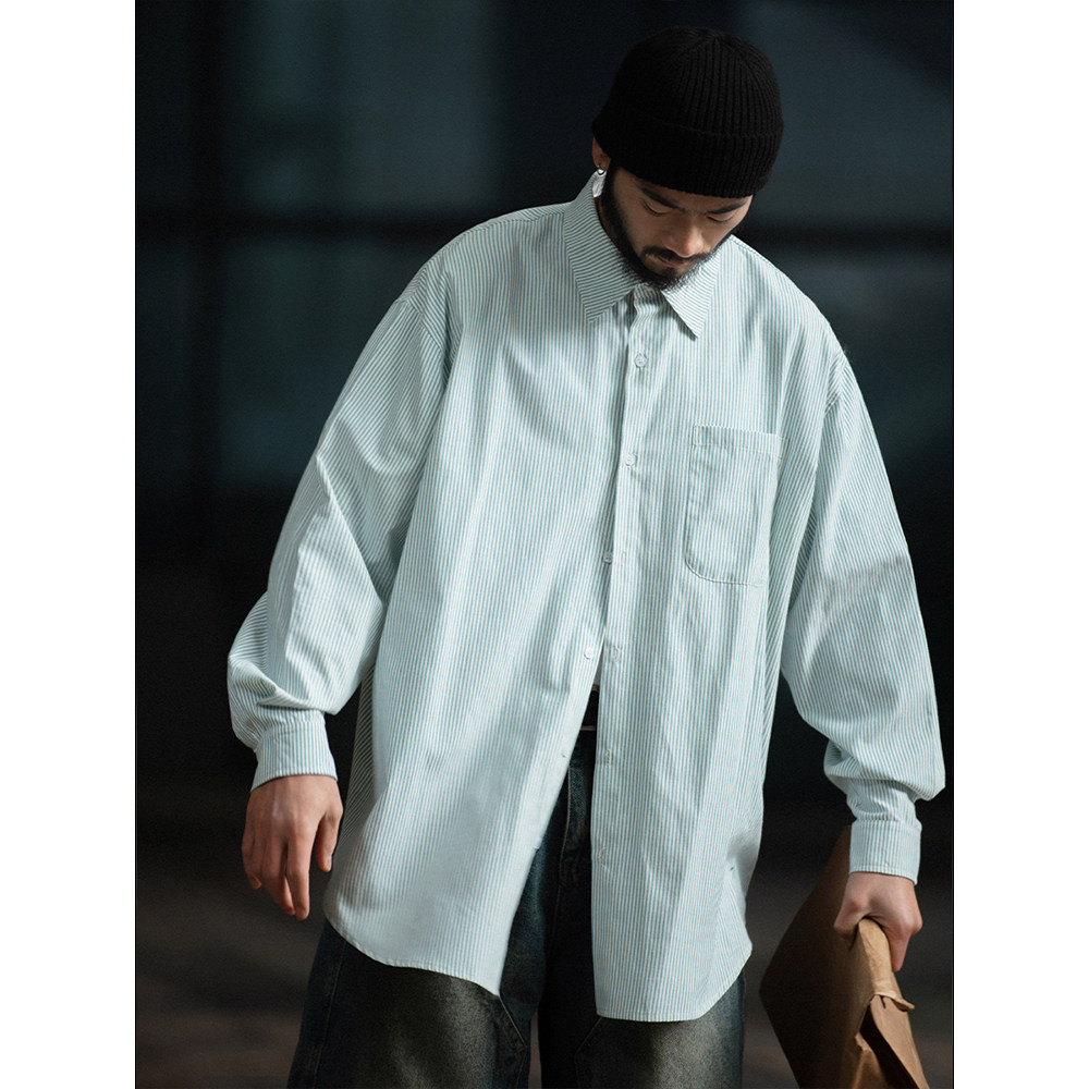 NOEARS复古做旧蓝色条纹日系工装复古宽松衬衫男抗皱简约痞帅衬衣