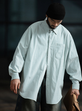 NOEARS复古做旧蓝色条纹日系工装复古宽松衬衫男抗皱简约痞帅衬衣