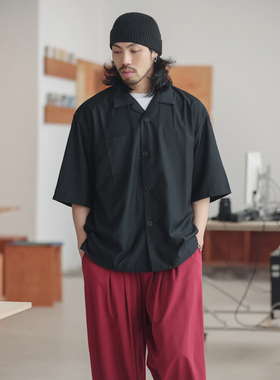 NOEARS夏季复古黑色垂感古巴领衬衫日系宽松设计感情侣短袖衬衣
