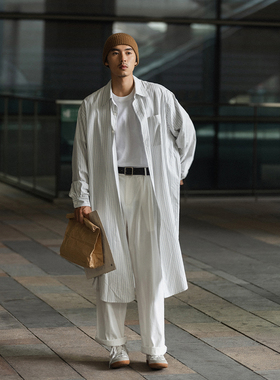 NOEARS复古白色条纹长袖衬衫男中性慵懒风过膝衬衣日系cityboy潮