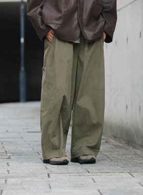 NOEARS日系复古绿色松紧腰磨毛长裤春秋侧边口袋设计感宽松休闲裤