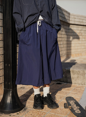 NOEARS日系复古藏蓝色cityboy户外七分短裤男宽松速干薄阔腿工装