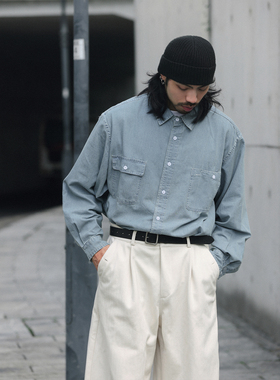 NOEARS日系复古牛仔蓝色少年感长袖宽松衬衫春秋做旧落肩方领衬衣