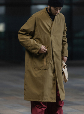 NOEARS复古芥黄色防水风衣两面穿无领日式外套中长款痞帅机能户外