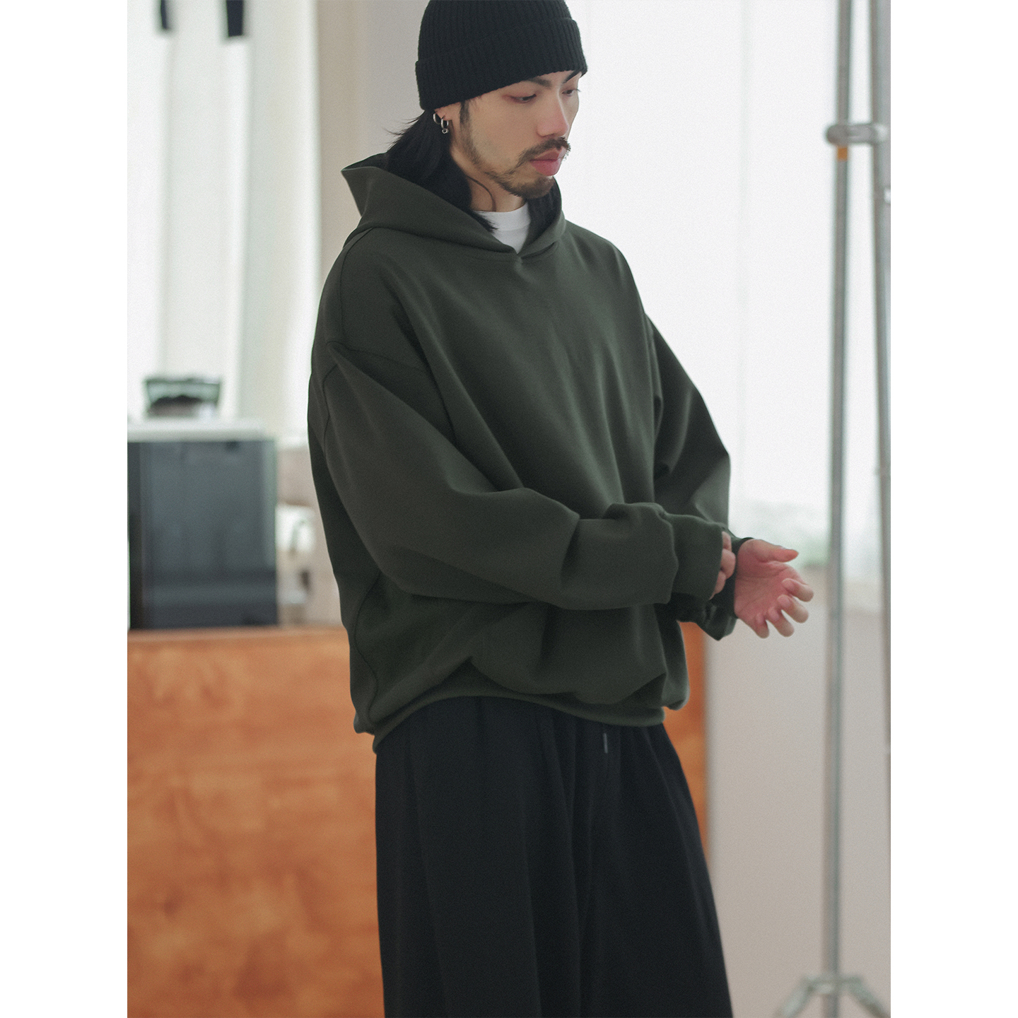 NOEARS日系复古暗军绿色连帽宽松袋鼠兜长袖卫衣秋季保暖休闲上衣