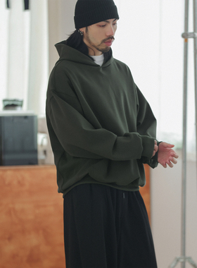 NOEARS日系复古暗军绿色连帽宽松袋鼠兜长袖卫衣春秋高街休闲上衣