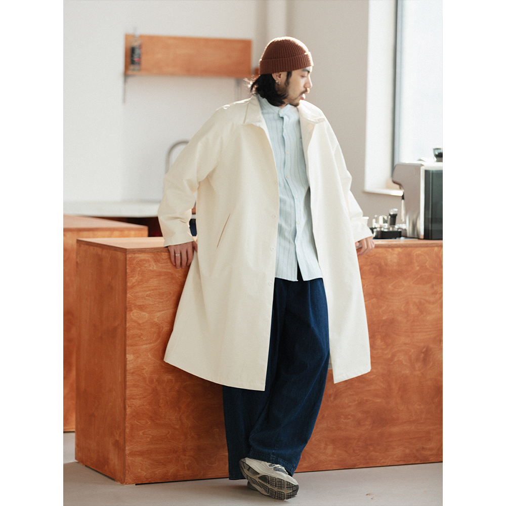 NOEARS春季复古米白色插肩袖宽松廓形风衣日系单排扣立领长款外套