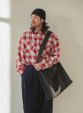 NOEARS秋冬复古红色格纹长袖宽松cityboy衬衫日系休闲落肩衬衣