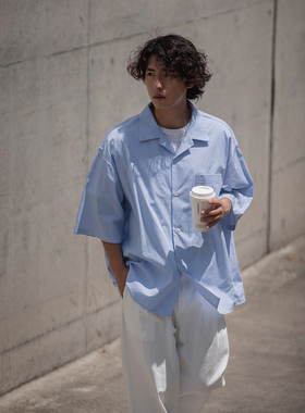 NOEARS日系复古蓝色条纹古巴领短袖衬衫夏季休闲少年感贴袋衬衣