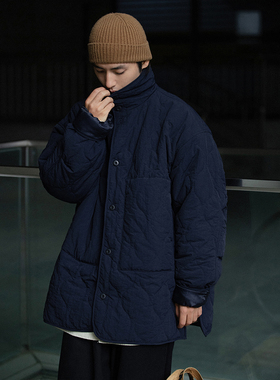 NOEARS藏青色夹克男秋冬宽松棉服vintage设计感花苞翻领日系外套