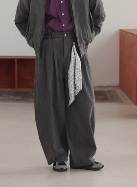NOEARS日系复古设计感灰色可拆卸方巾装饰水洗加绒长裤保暖休闲裤