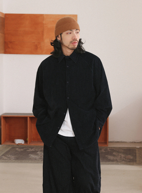 NOEARS藏青色重磅插肩袖翻领工装衬衫宽松日系垂坠感免烫休闲衬衣