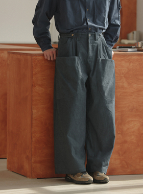 NOEARS春秋藏蓝色宽松大口袋工装长裤日系复古直筒设计感休闲裤