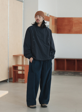 NOEARS春秋复古藏青色可脱卸袖设计感V领长袖卫衣日系宽松上衣