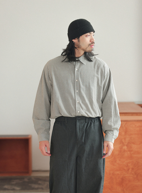 NOEARS春秋复古绿色条纹泡泡纱肌理衬衫日系宽松落肩袖高级感衬衣