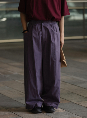 NOEARS夏季复古设计可拆卸背带裤日系大口袋松紧腰紫色宽松休闲裤