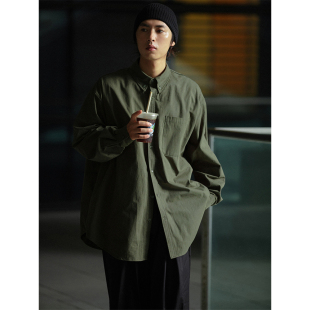 宽松Cityboy复古衬衣春秋潮 廓形基本衬衫 NOEARS日系军绿长袖 工装