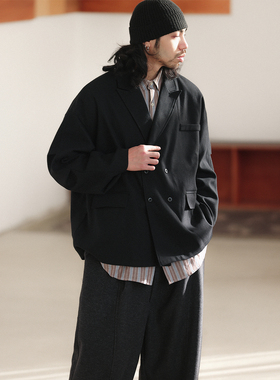 NOEARS毛呢黑色双排扣休闲西装外套痞帅高级感大码加肥加大宽松