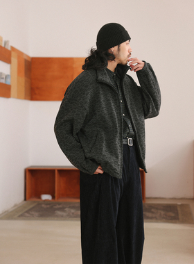 NOEARS日系cityboy豹纹灰色长袖拉链夹克早春短款立领宽松外套