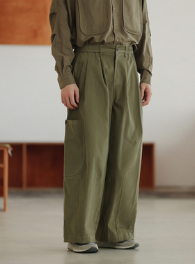 NOEARS日系侧边口袋设计感绿色磨毛长裤春秋宽松直筒松紧腰休闲裤