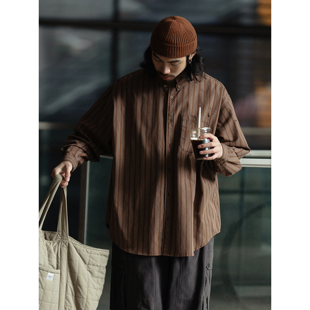 NOEARS日系复古棕咖色条纹翻领长袖休闲宽松痞帅通勤日常感衬衫
