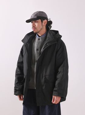 NOEARS春季复古风黑色宽松夹棉工装冲锋衣中长款连帽通勤防风外套