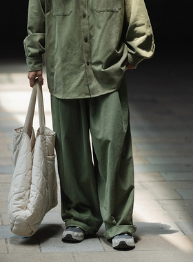 NOEARS复古水洗军绿色工装裤宽松日系拖地长裤子阔腿薄款松紧腰潮
