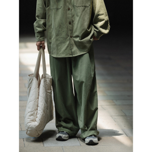 子阔腿薄款 宽松日系拖地长裤 松紧腰潮 裤 NOEARS复古水洗军绿色工装