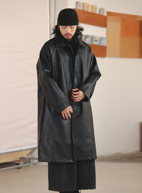 NOEARS早春黑色pu皮长款外套宽松翻领防风过膝风衣日系复古潮高街