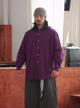 NOEARS春秋复古深紫色宽松翻领长袖衬衫日系高级感休闲落肩袖衬衣