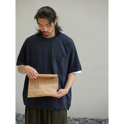 NOEARS日系藏青色300G重磅竹节棉插肩短袖夏季男刺绣宽松圆领T恤