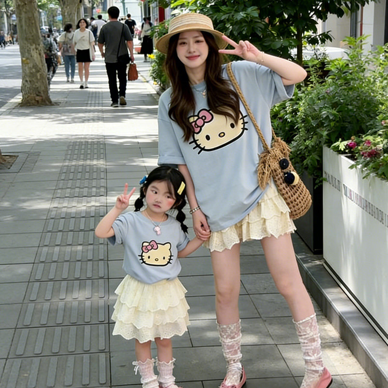 韩版亲子装一家三口短袖T恤母女夏季纯棉卡通KT猫印花宽松上衣潮