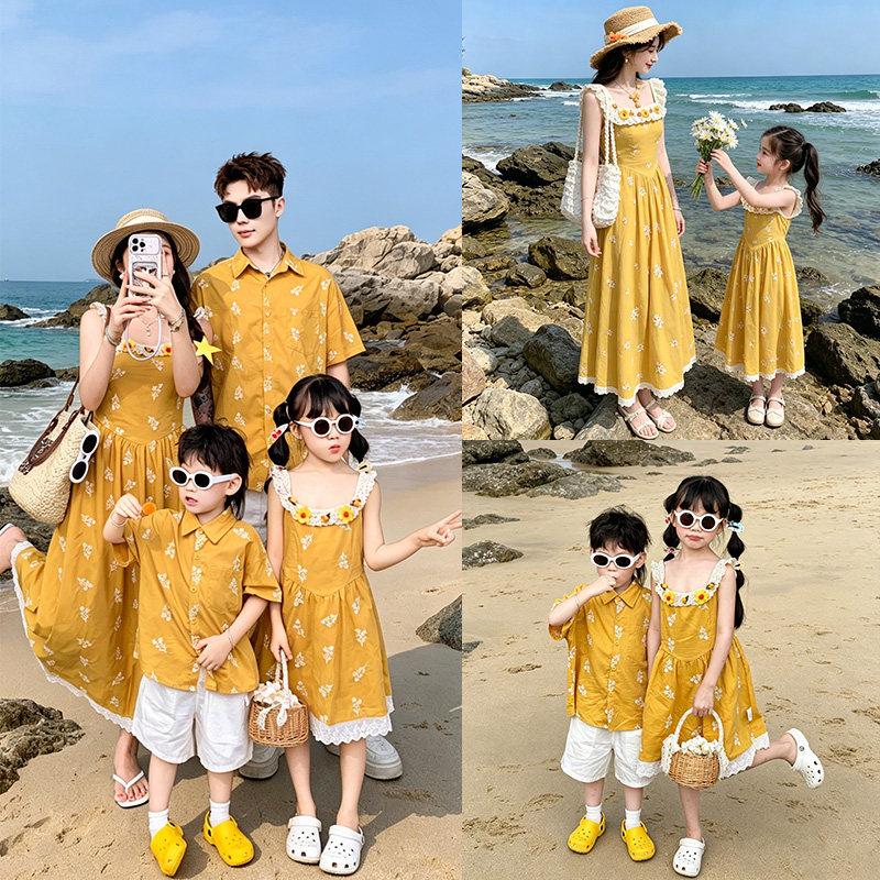 亲子装母女装夏沙滩一家三口三亚海边度假出游刺绣碎花衬衫连衣裙