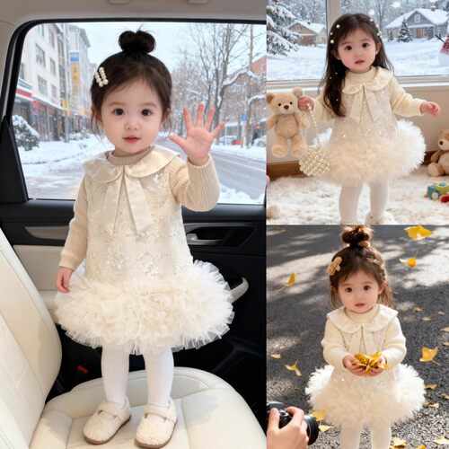 高端女童小香风连衣裙秋冬娃娃领周岁生日公主裙蝴蝶结礼服蓬蓬裙