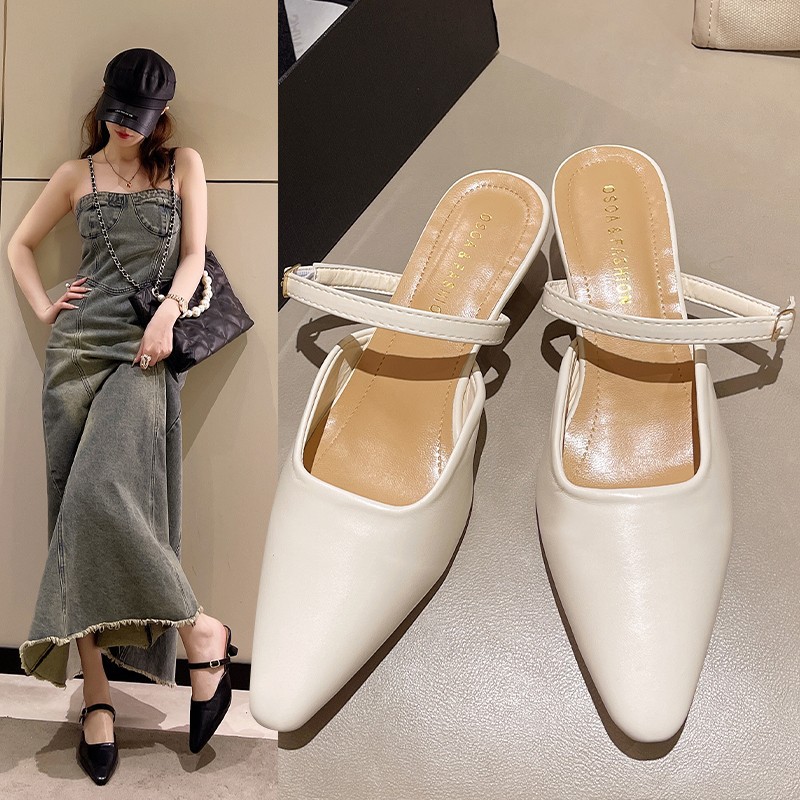 高跟鞋女2025年夏季新款法式包头一字带凉拖尖头鞋跟百搭外穿拖鞋