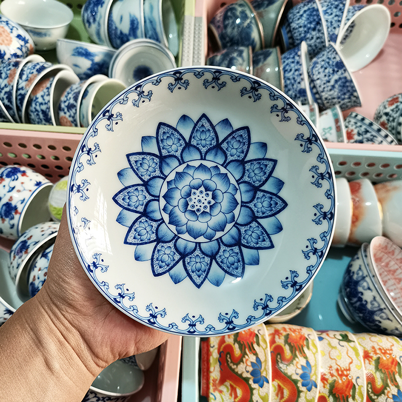 复古陶瓷莲花青花瓷茶盘壶承