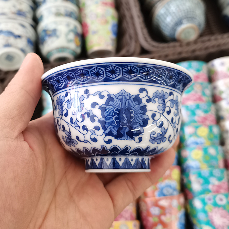 复古青花瓷缠枝莲陶瓷茶杯压手杯