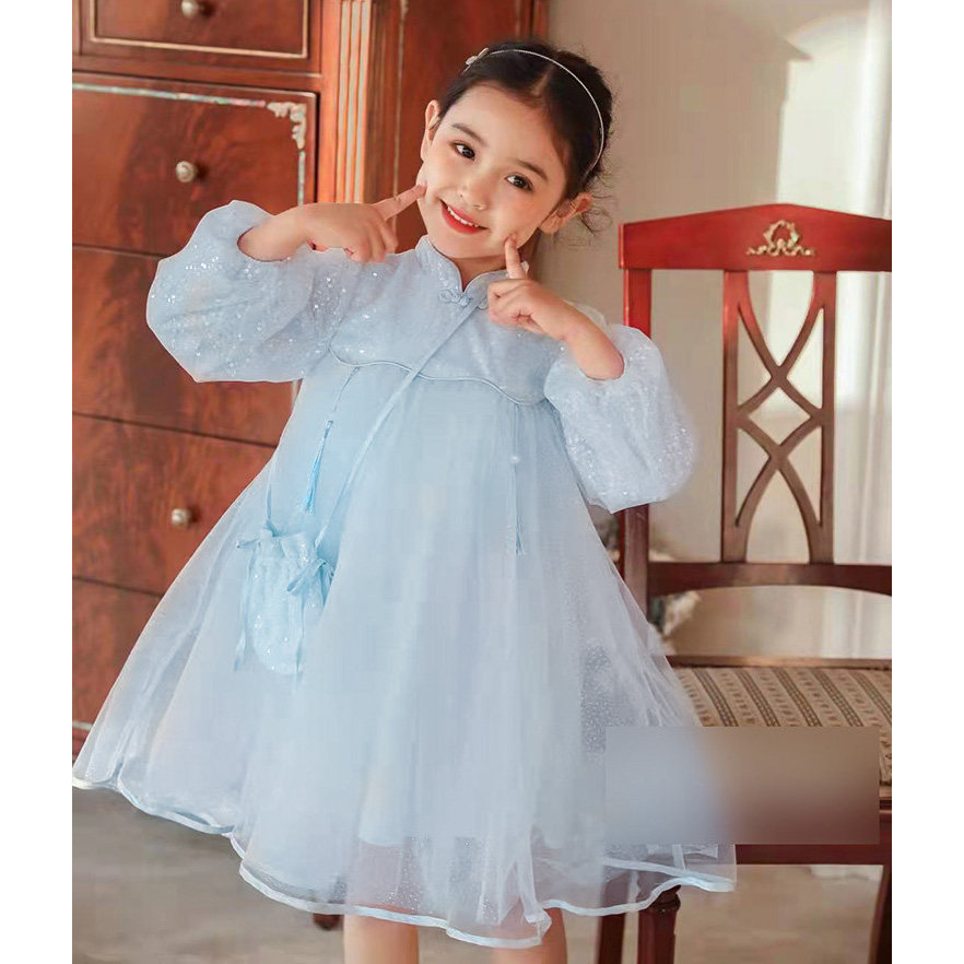 2025春款童装新品女童网纱连衣裙女宝汉服公主裙洋气礼服裙