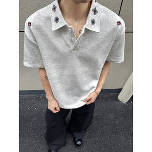 大码300斤美式复古扎染刺绣Polo衫短袖男夏季高街潮牌痞帅半袖t恤