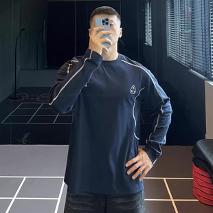 大码300斤美式复古印花长袖男哈苏线拼接显型运动休闲速干宽松T恤