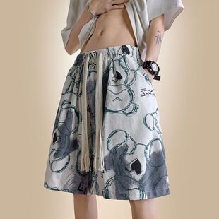 300斤小熊涂鸦短裤 运动中裤 男夏季 五分沙滩裤 薄款 肥仔宽松特大码