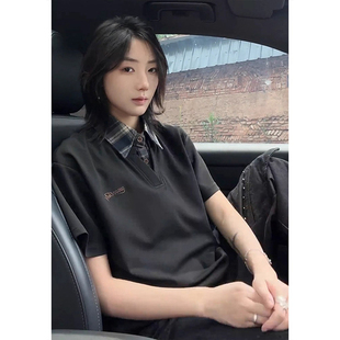 特大码300斤cleanfit衬衫领短袖t恤男女款夏季美式复古假两件上衣