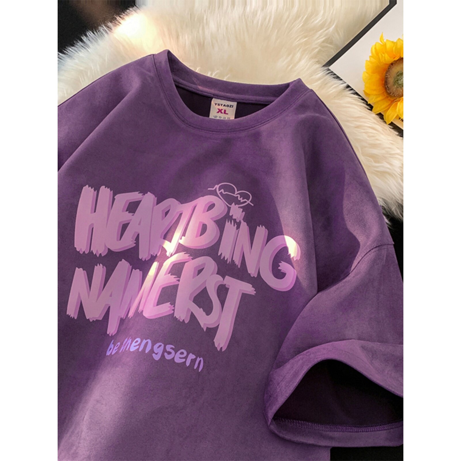 肥仔宽松特大码300斤乌梅紫色麂皮绒短袖t恤男女夏季美式潮牌体恤