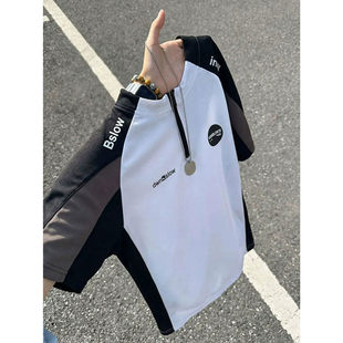 特大码300斤半拉链撞色短袖男女装夏季户外羽毛球骑行宽松半袖t恤