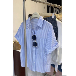特大码300斤条纹短袖衬衫男女装夏季别致小衫polo领情侣休闲上衣